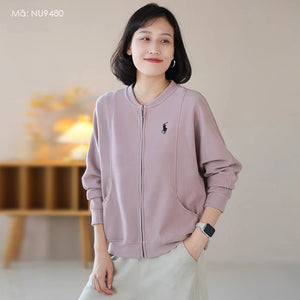 Áo khoác bóng chày nỉ dài tay một màu khóa kéo - NU9479