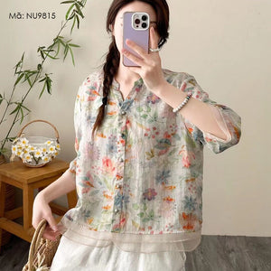 Áo sơ mi linen ngắn tay cổ V đính ren in hoa lá - NU9814