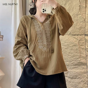 Áo hoodies sơ mi linen dài tay thêu hoa văn retro đối xứng - NU9740
