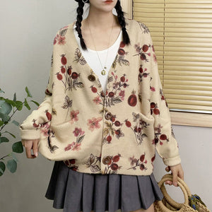 Áo khoác len cardigan dài tay cổ V in hoa lá form rộng - NU9231