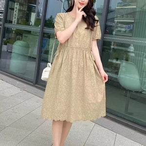 Đầm liền ngắn tay cổ tròn thêu ren eo thắt dây - NU10229