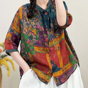 Áo sơ mi linen ngắn tay cổ pipi in hoa lá và mảng màu - NU10522