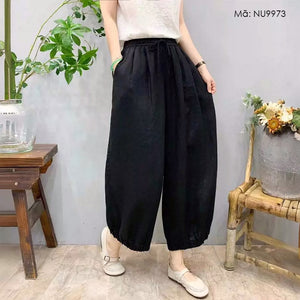 Quần baggy linen lửng lưng thun dây rút gấu xếp ly - NU9972