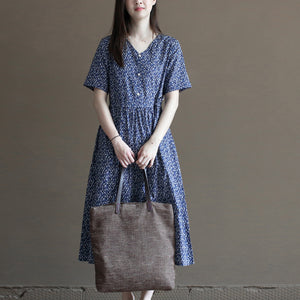 Đầm liền linen ngắn tay cổ V in hoa liti ba khuy - NU10024