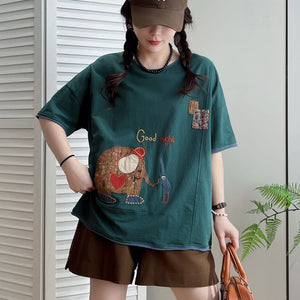 Áo T-shirt ngắn tay thêu chú voi và anh hề cổ tròn - NU9959