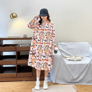 Đầm liền linen dài tay cổ pipi in hoạt hình kiểu sơ mi - D035