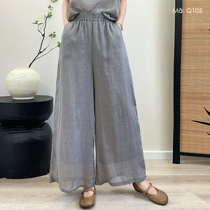 Quần baggy linen lưng thun ống rộng một màu - Q104