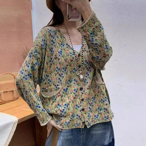 Áo len cardigan dài tay cổ V in hoa liti hai túi - A506
