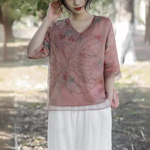 Áo sơ mi linen ngắn tay cổ V thêu hoa nổi hai lớp sắc màu - NU9917