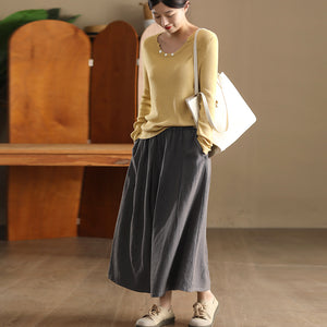 Chân váy linen lưng thun hai túi chéo đơn sắc - V069