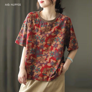 Áo T-shirt ngắn tay cổ tròn in hoa lá form rộng - NU9934