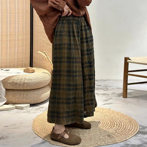 Quần baggy linen lưng thun kẻ sọc caro ống rộng - NU9916