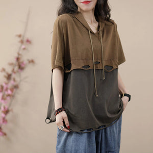 Áo hoodies ngắn tay hai mảng màu vạt kiểu rách - NU8726
