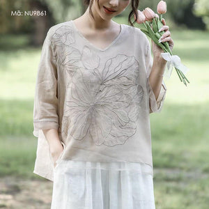 Áo sơ mi linen ngắn tay cổ V thêu hoa nổi hai lớp - NU9860