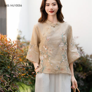 Áo sơ mi linen ngắn tay khuy tròn cài lệch thêu hoa lá - NU10055
