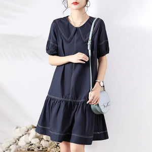 Đầm liền ngắn tay cổ thủy thủ chỉ nổi - NU10385