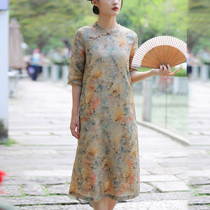 Đầm liền linen ngắn tay cổ tàu in hoa lá liti - NU10510