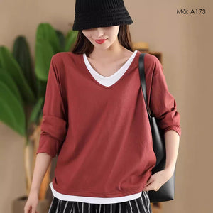 Áo T-shirt dài tay cổ V eo kiểu may bo - A172