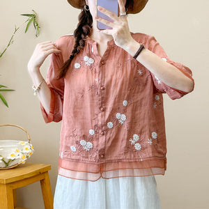 Áo sơ mi linen ngắn tay cổ đứng xẻ V thêu hoa lá - NU8987
