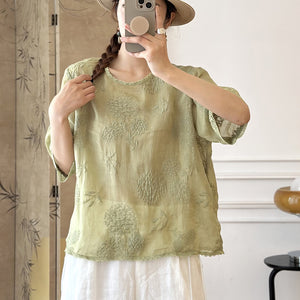 Áo sơ mi linen ngắn tay cổ tròn thêu hoa cẩm tú cầu - NU10403