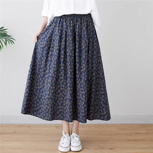 Chân váy linen retro lưng thun túi chéo in hoa cúc liti - NU9156