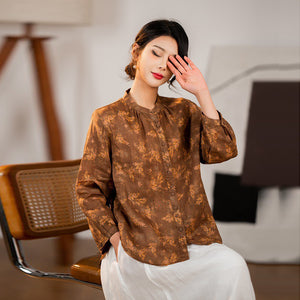 Áo sơ mi linen dài tay cổ đứng xếp ly in hoa lá - NU9757