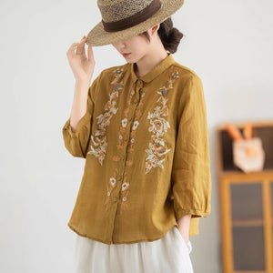 Áo sơ mi linen tay lửng cổ pipi thêu hoa văn cân đối - A936