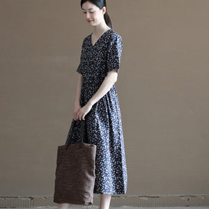 Đầm liền linen ngắn tay cổ V in những chiếc lá sắc màu - NU10019