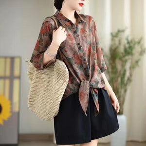 Áo sơ mi linen ngắn tay cổ đức in hoa lá trừu tượng - A844