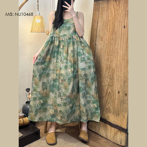Đầm liền linen hai dây sát nách in hoa lá eo cao - NU10467