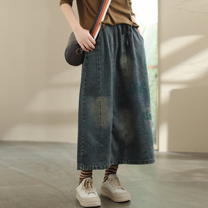 Chân váy denim lưng thun thêu retro bạc màu - V027