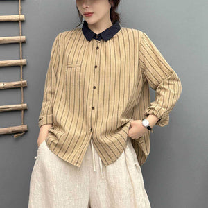 Áo sơ mi linen dài tay cổ đức kẻ sọc một túi - A683