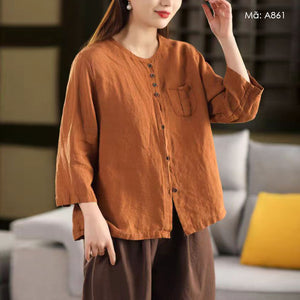Áo sơ mi linen tay lửng cổ tròn một túi khuy kép - A802