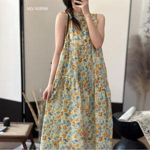 Đầm liền linen sát nách cổ tròn in hoa lá - NU8967