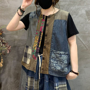 Áo khoác denim gile sát nách hoa văn retro chắp vá - NU9779
