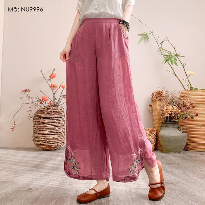 Quần baggy linen lưng thun ống xuông thêu hoa lá retro - NU9995