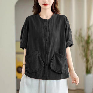 Áo sơ mi linen ngắn tay cổ tròn hai túi vuông đính lệch - NU10399