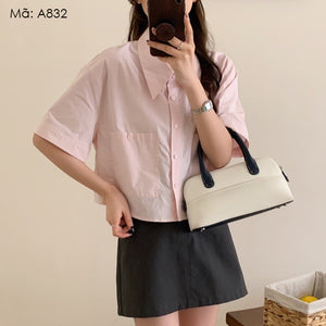 Áo sơ mi linen ngắn tay cổ sen hai túi vuông - A831