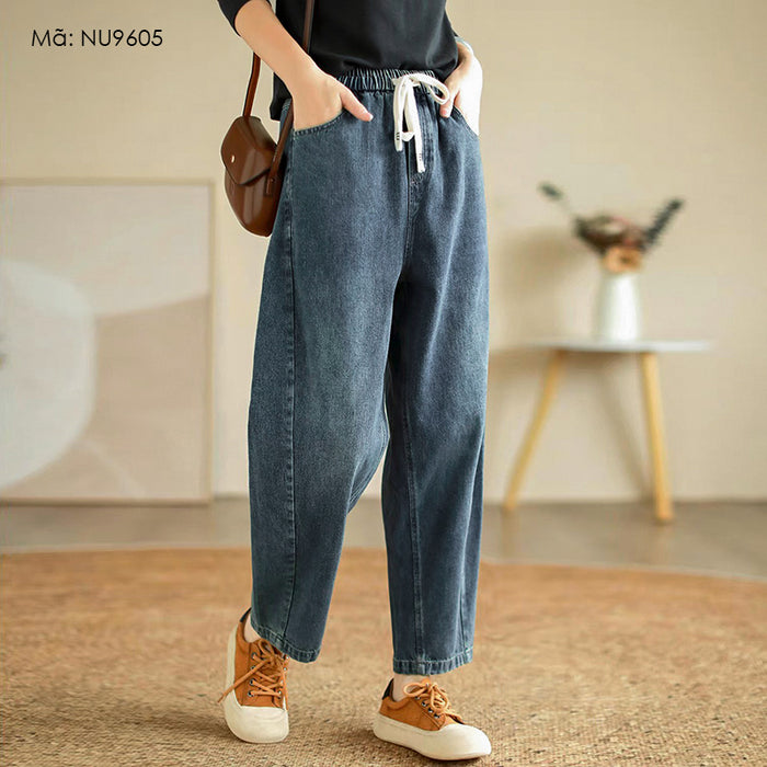 Quần baggy denim lưng thun dây rút ống đứng - NU9604