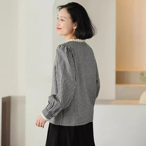 Áo sơ mi linen dài tay cổ tròn ren kẻ caro - NU10070
