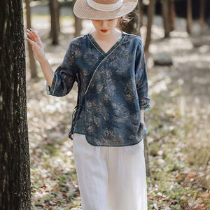 Áo sơ mi linen tay lửng cổ V vạt lệch thắt dây - NU9933