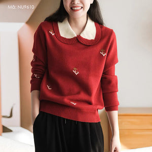 Áo len dài tay cổ cánh sen thêu hoa văn - NU9609