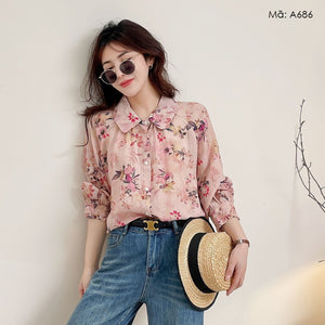 Áo sơ mi linen dài tay cổ cánh sen in hoa lá - A685
