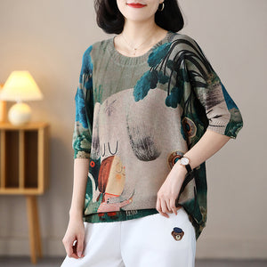Áo T-shirt dệt kim ngắn tay cổ tròn in cô gái và chú cún - NU8910