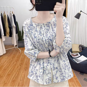 Áo sơ mi tay lửng cổ tròn xếp ly in hoa liti - NU8830
