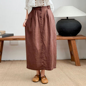 Chân váy linen lưng thun hai túi sau khuy cài - V073