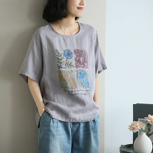 Áo T-shirt linen ngắn tay cổ tròn in hoa lá và chim retro - NU10357