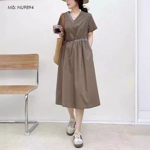 Đầm liền retro ngắn tay cổ V phối caro - NU9893