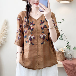 Áo sơ mi linen ngắn tay cổ V thêu hoa ngũ sắc - NU10404