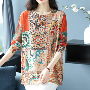 Áo len dài tay cổ tròn in hoa văn retro - A457